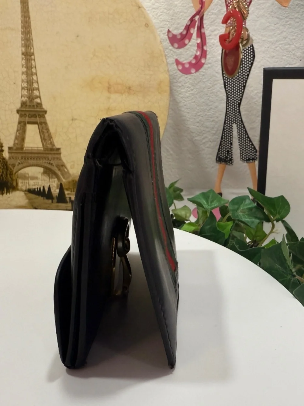 FASHIONABLE GUCCI BLACK LEATHER GREEN & RED WEB STRIPED HORSE-BIT WALLET! - Picture 9 of 17